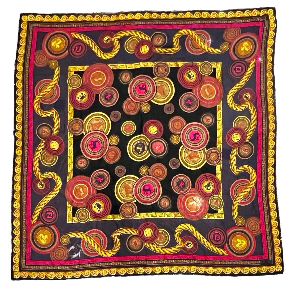FENDI WOOL & SILK ZODIAC SIGNS IN BLUE, BLACK, PINK & GOLD FOULARD SCARF - Picture 2 of 14